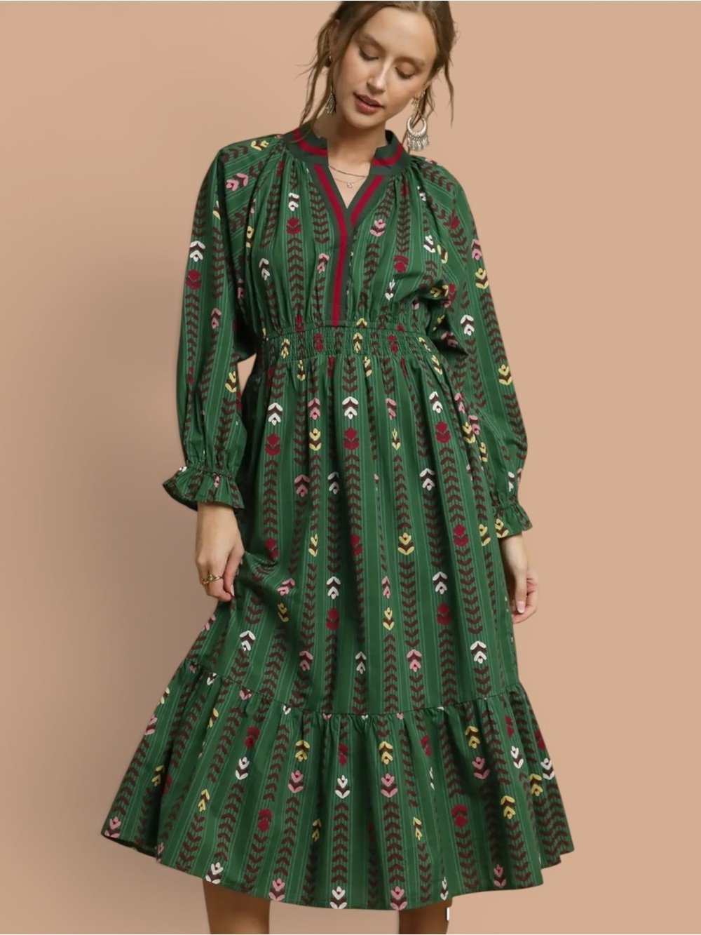 Umgee Long Sleeves Smocked Ruffle Midi Dress M Forest Green Boho Party Resort